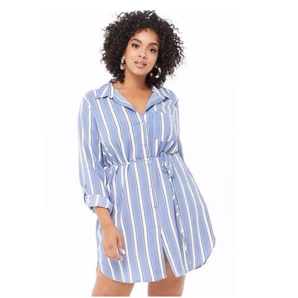 Forever 21 Plus Sz Stripe Shirt Dress Denim/white
